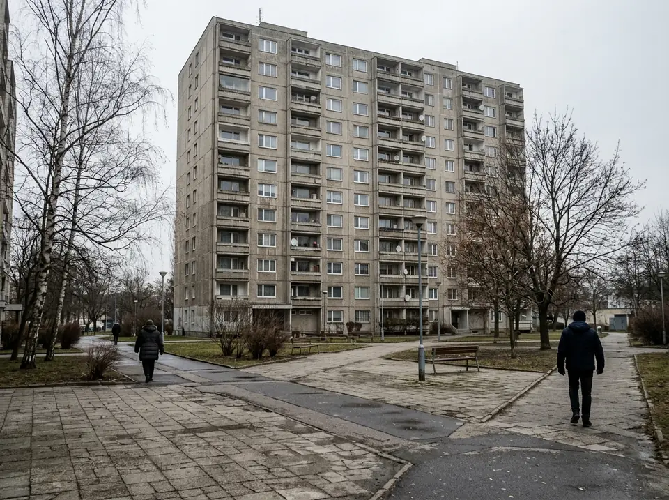 Többemeletes panelház betonudvarral és lombos fákkal