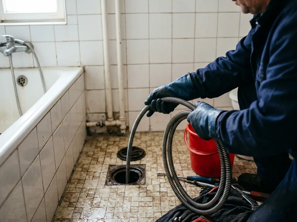 Duguláselhárító kesztyűs keze acélspirált vezet a fehér csempés fürdőszoba padlóösszefolyójába
